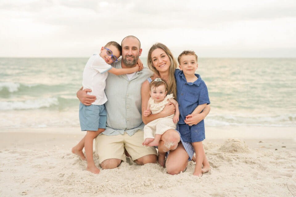 Photo of family with 3 kids at the Delnor Wiggins beach - photo by Katrina Photography